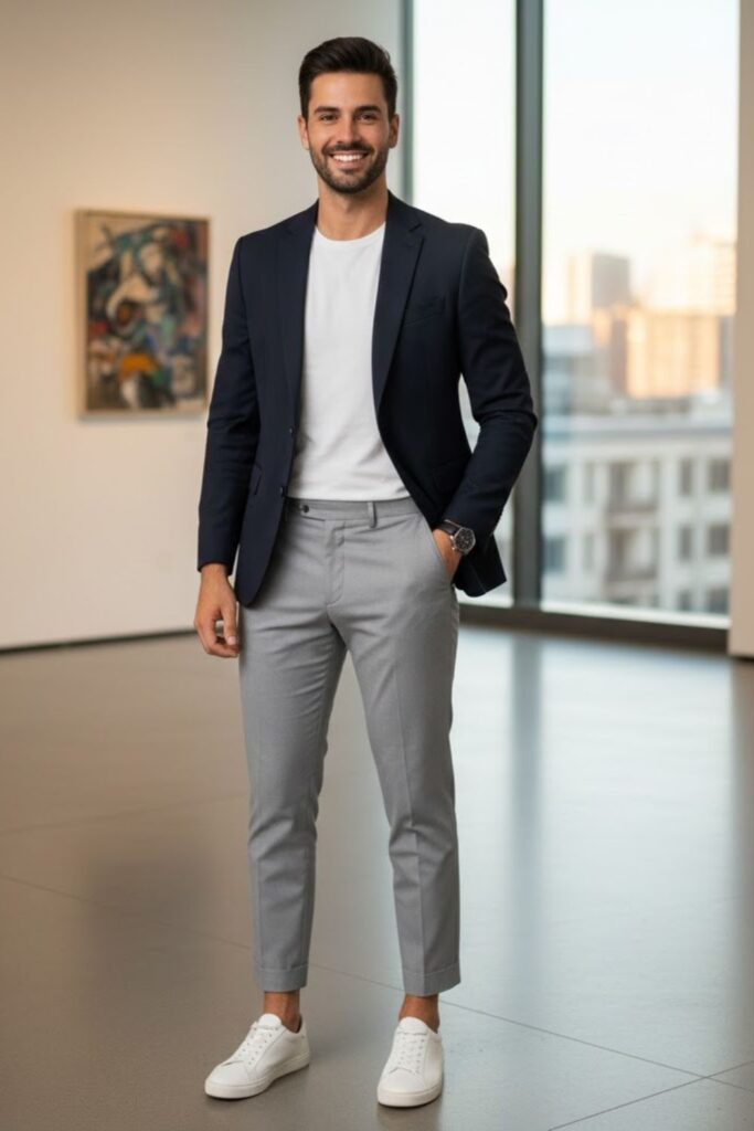 11. Grey Cropped Trousers with Blazer and Tee