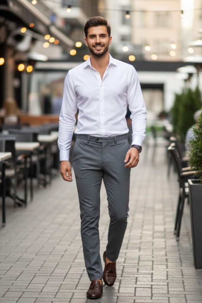 11. Grey Trousers with White Button-Down Shirt