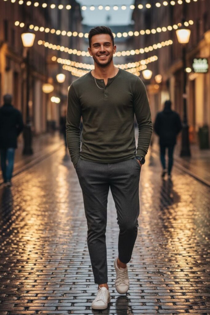 11. Henley Shirt with Joggers and Sneakers