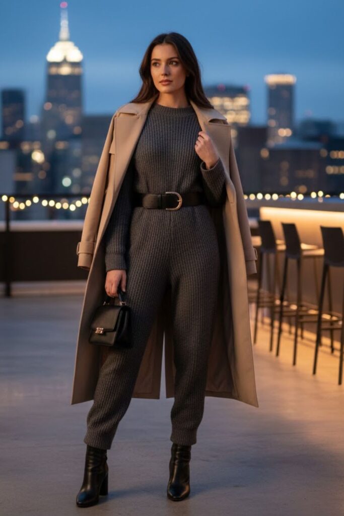 11. Knit Jumpsuit with Belt and Ankle Boots