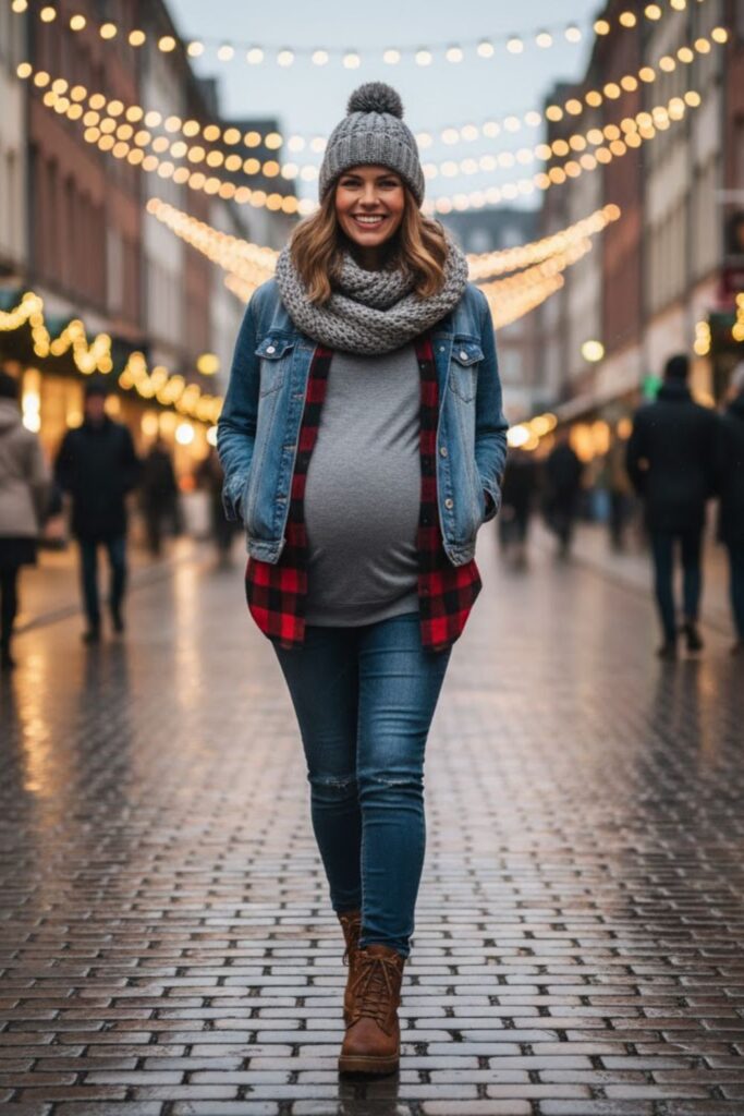 11. Layered Flannel Shirt with Maternity Tee and Jacket