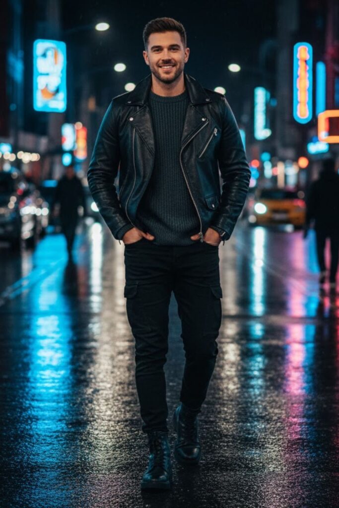 11. Leather Jacket with Sweater and Cargo Jeans