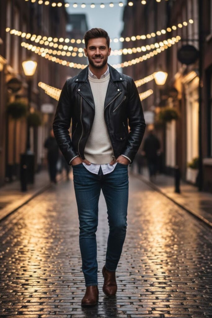 11. Leather Jacket with White Sweater and Boots