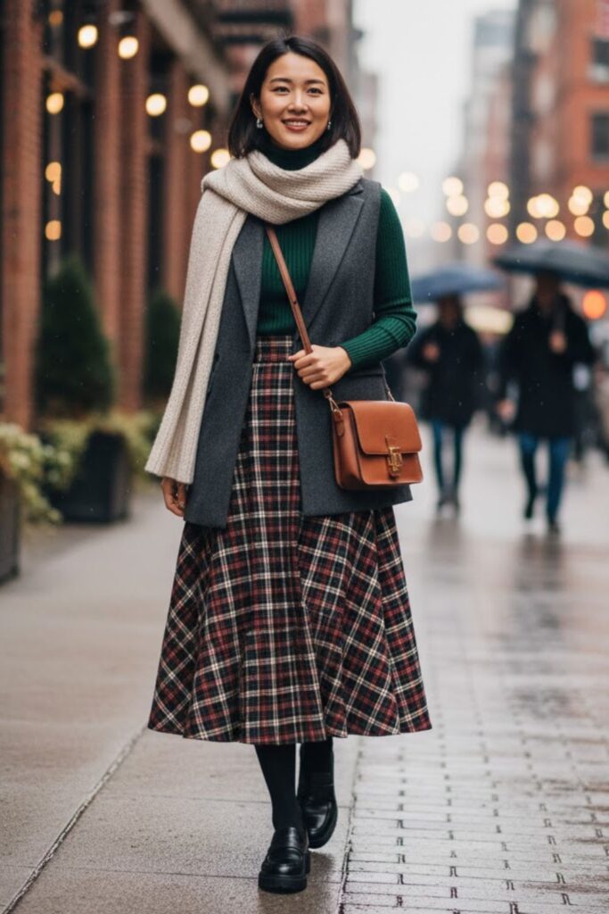 11. Plaid Skirt with a Wool Vest