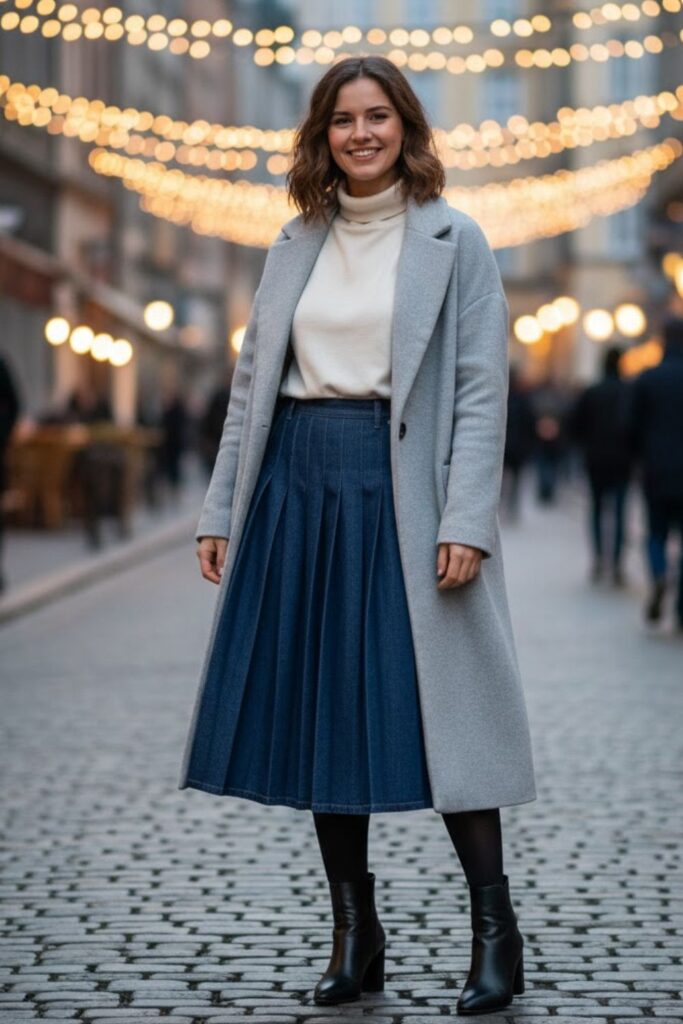 11. Pleated Denim Skirt with Oversized Coat