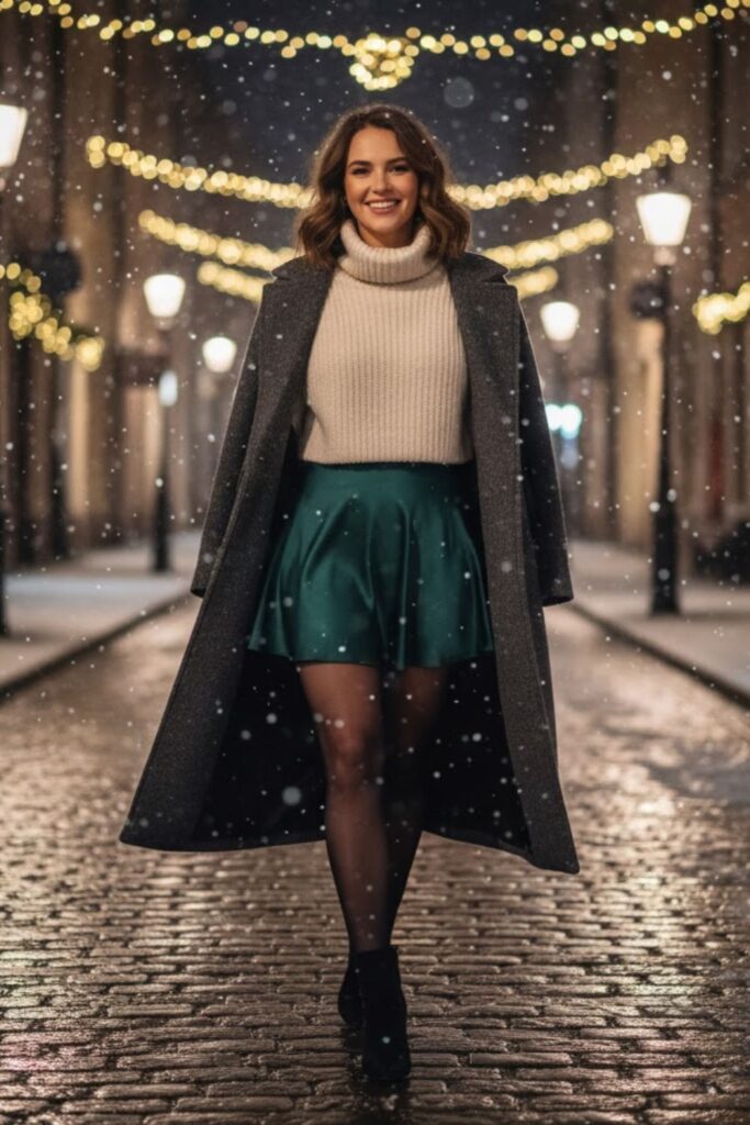 11. Satin Mini Skirt with Cropped Sweater and Heeled Boots