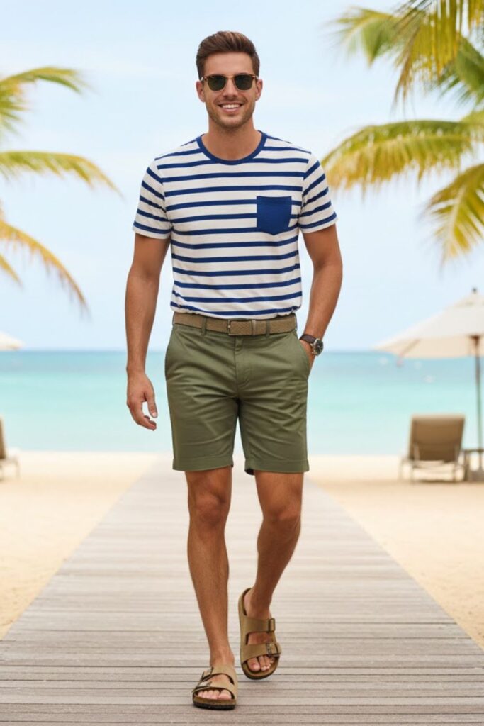 11. Striped Tee, Olive Shorts, and Tan Birkenstocks