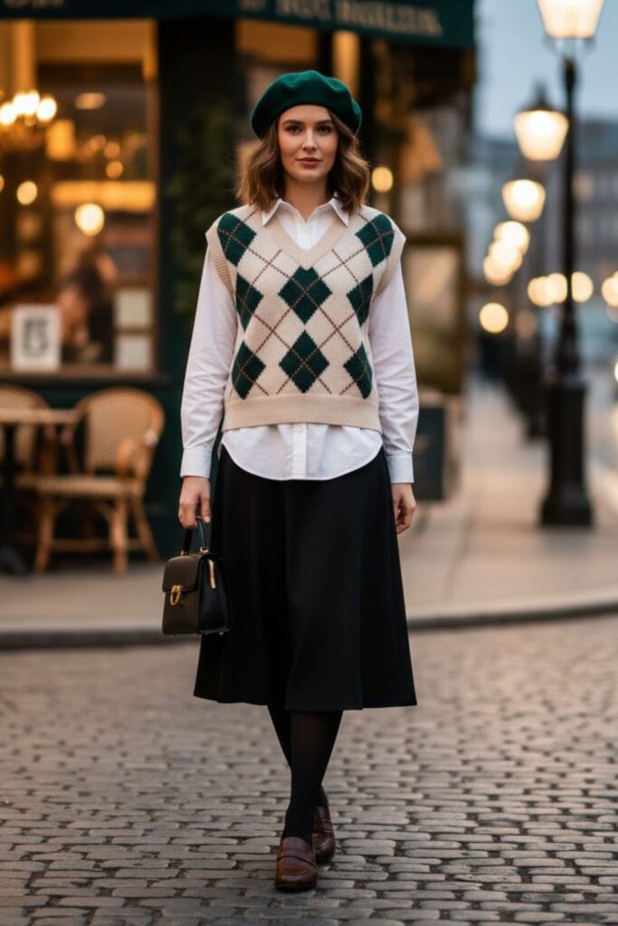 11. Sweater Vest and Midi Black Skirt