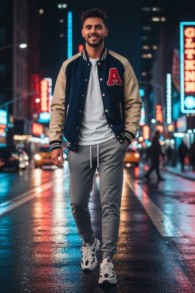11. Sweatpants with a Varsity Jacket
