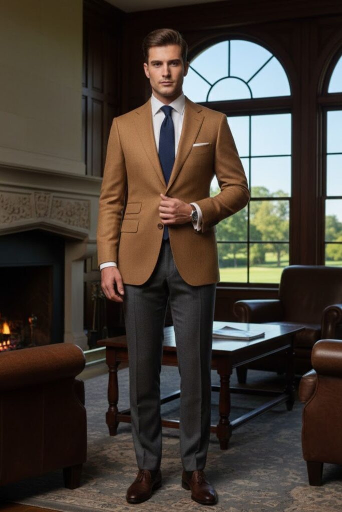 11. The Camel Blazer and Gray Trousers