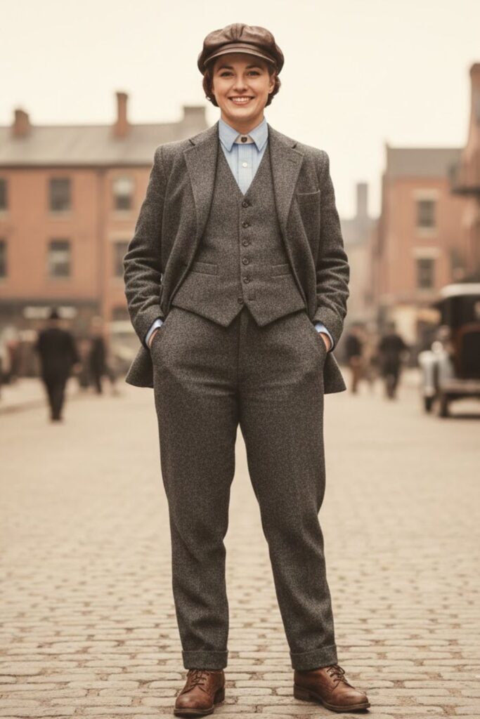 11. Tweed Suit with Newsboy Cap (Men’s Option)
