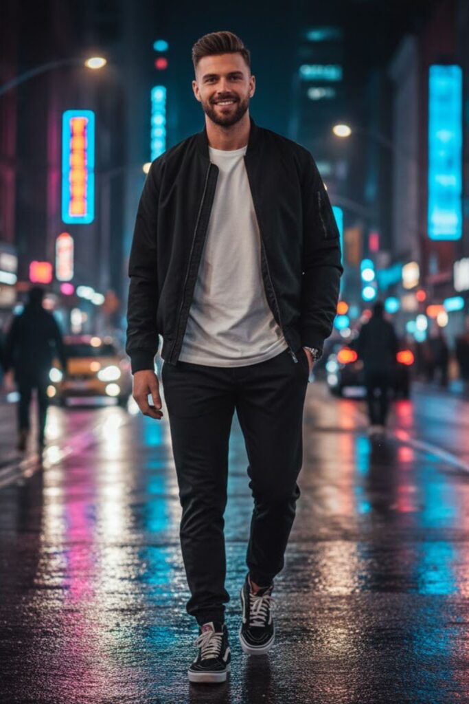 11. Vans with Tracksuit Pants and a Bomber Jacket