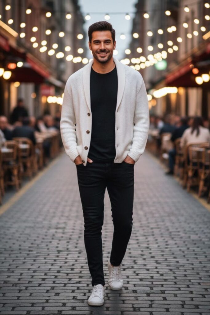 11. White Cardigan with Black Jeans and Sneakers