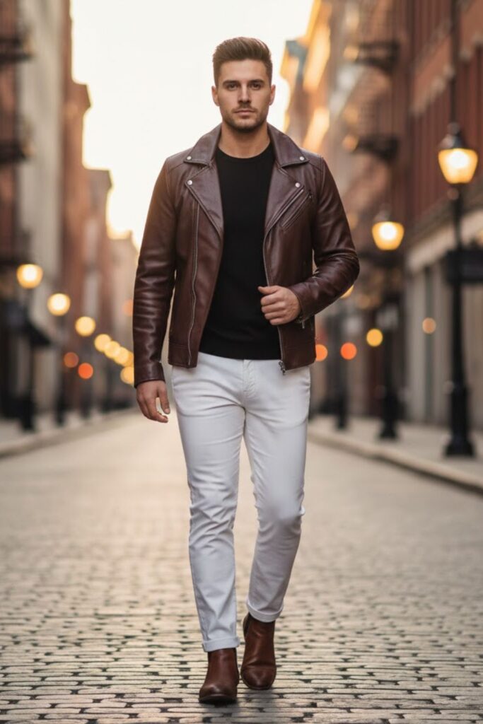 11. White Pants with Brown Leather Jacket