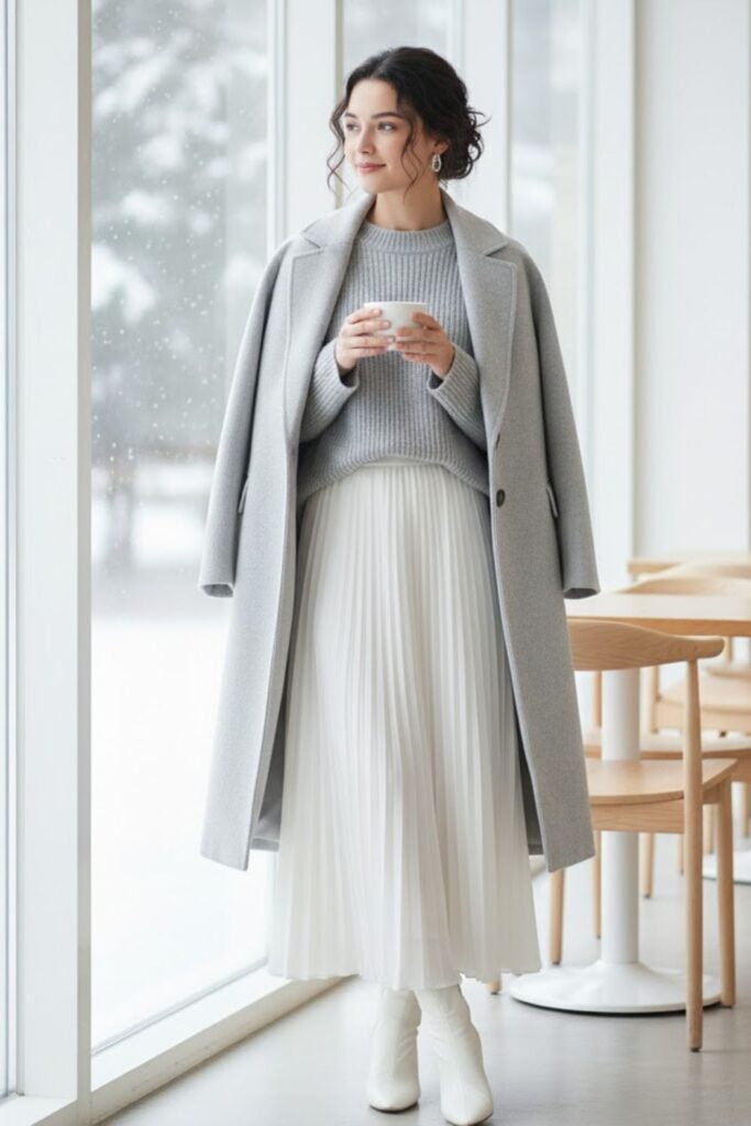 11. White Pleated Skirt with Gray Sweater and Coat
