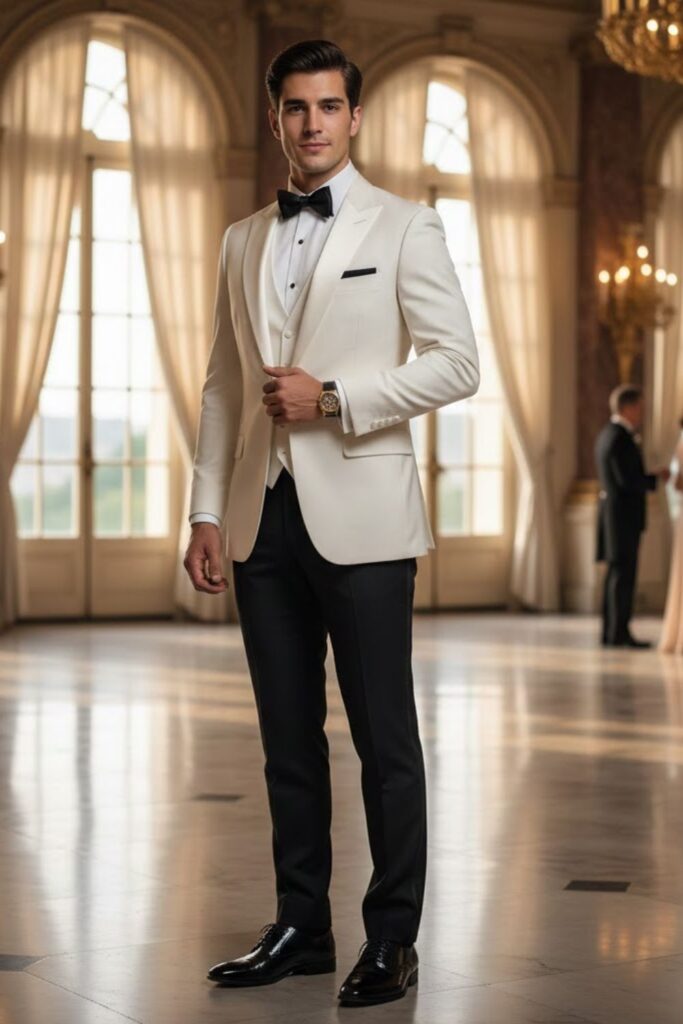 11. White Tuxedo with Black Bow Tie