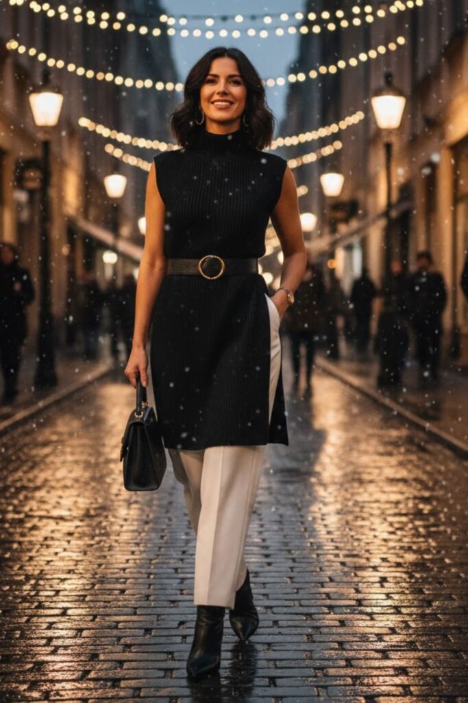 11. White Wide-Leg Pants with Turtleneck Dress Layer
