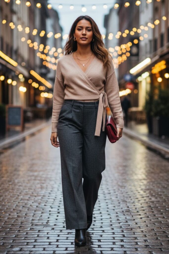 11. Wrap Sweater with Wide-Leg Pants