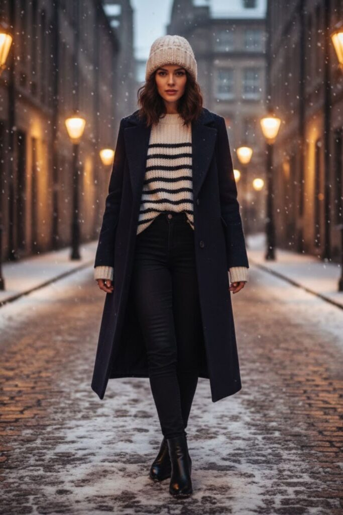 12. Black Jeans with Striped Sweater and Beanie