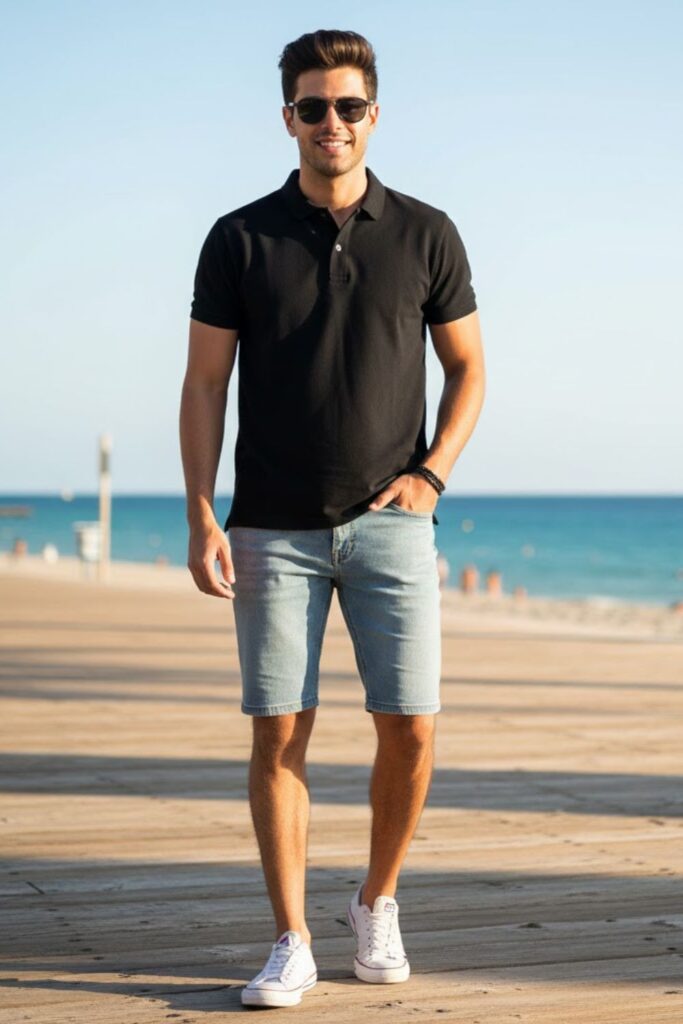 12. Black Shirt with Denim Shorts