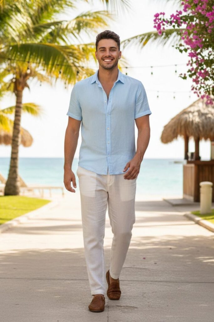 12. Blue Short-Sleeve Shirt with Linen Pants