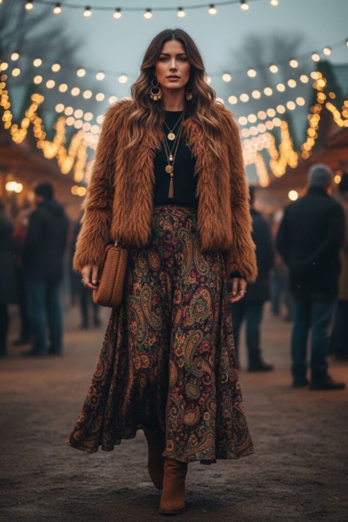 12. Boho Maxi Skirt with a Faux Fur Jacket