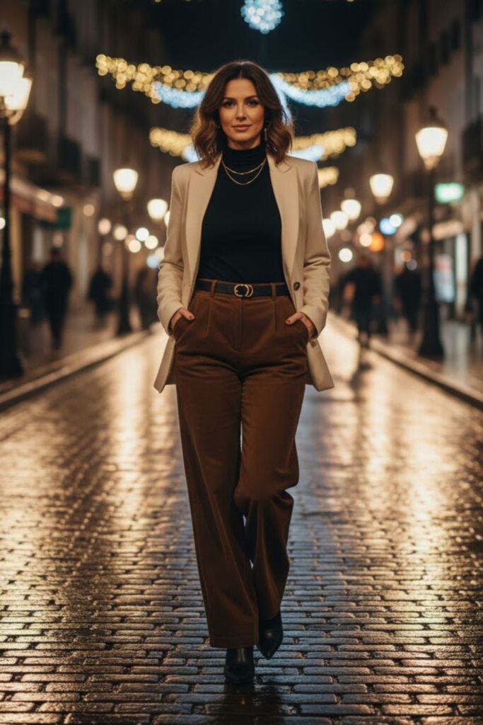 12. Brown Corduroy Pants with a Cream Blazer and High Neck Top