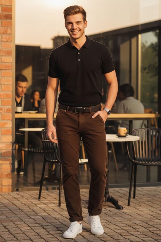 12. Brown Pants with Black Polo Shirt
