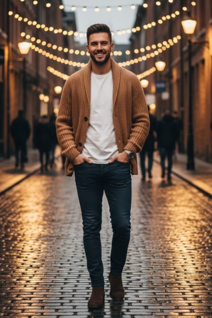 12. Cardigan with Tee and Jeans