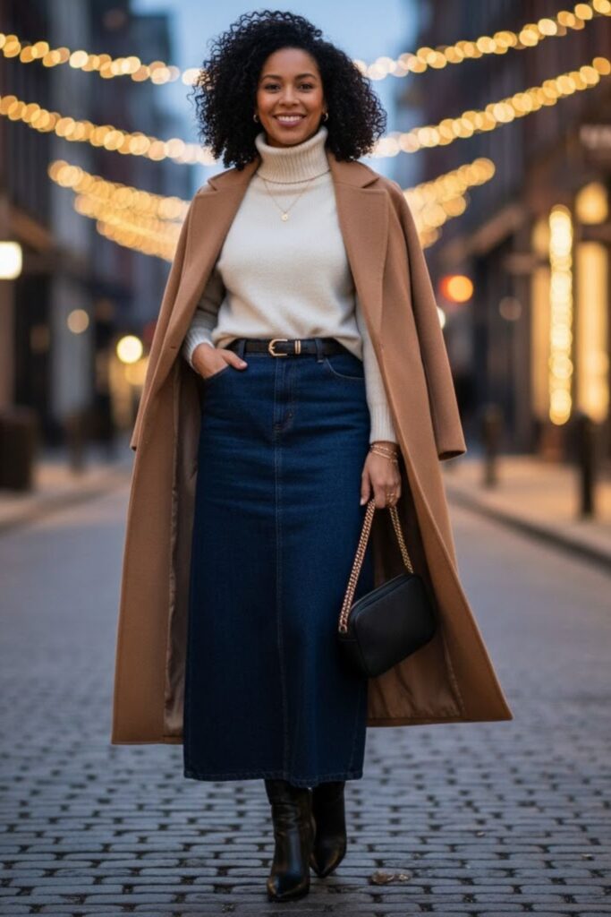 12. Dark Denim Skirt with Cashmere Sweater