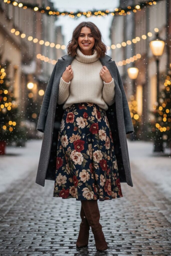 12. Floral Skirt with Suede Boots