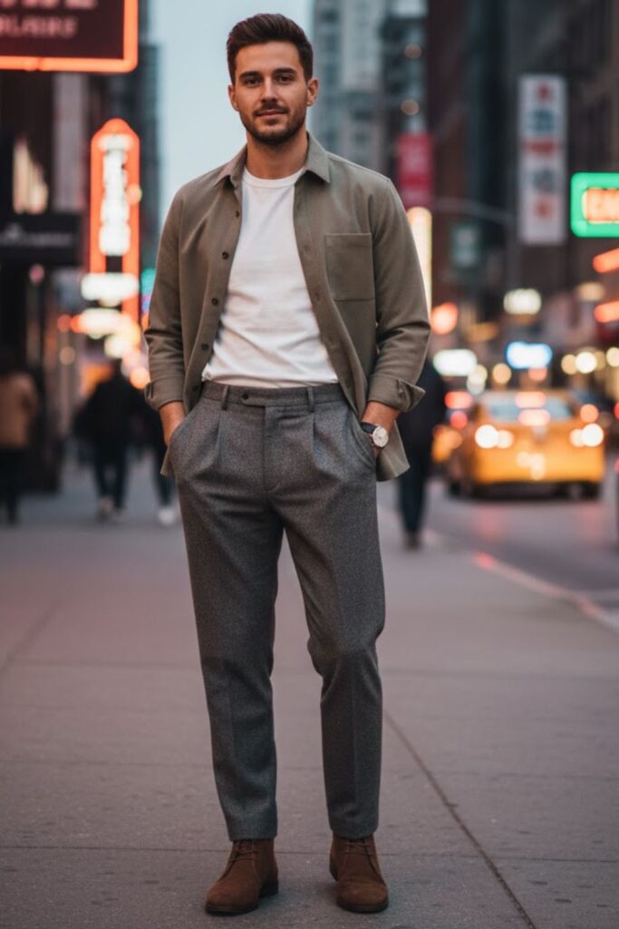 12. Grey High-Waisted Pants with Overshirt