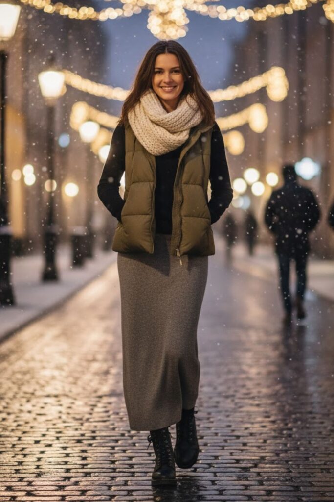 12. Grey Maxi Skirt with Fitted Top and Puffer Vest