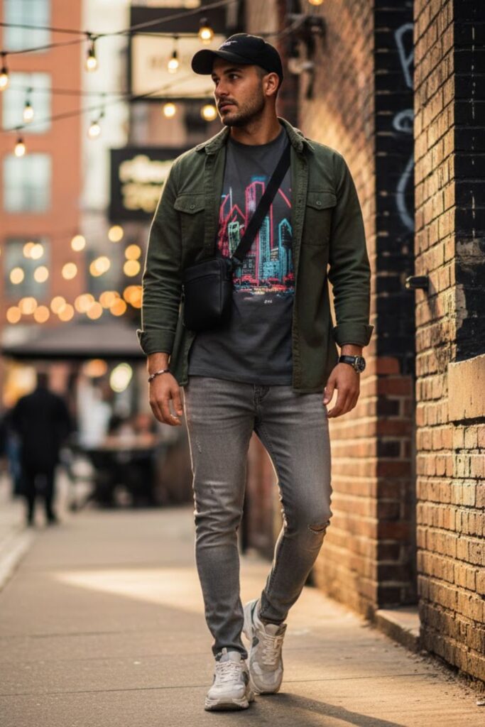 12. Grey Pants with Graphic Tee and Sneakers