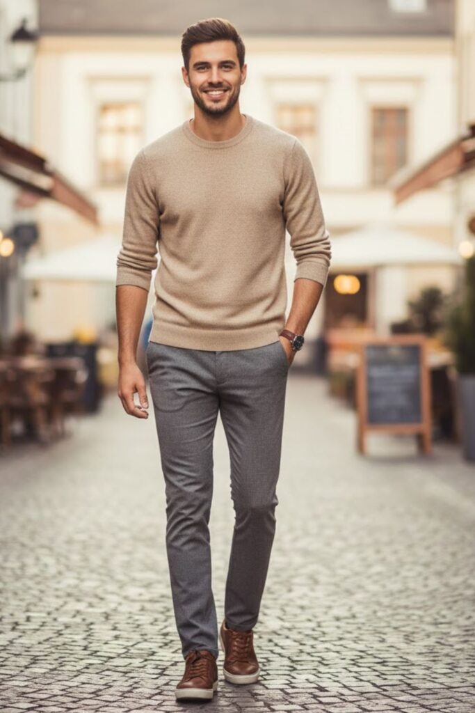 12. Grey Trousers with Beige Knitwear