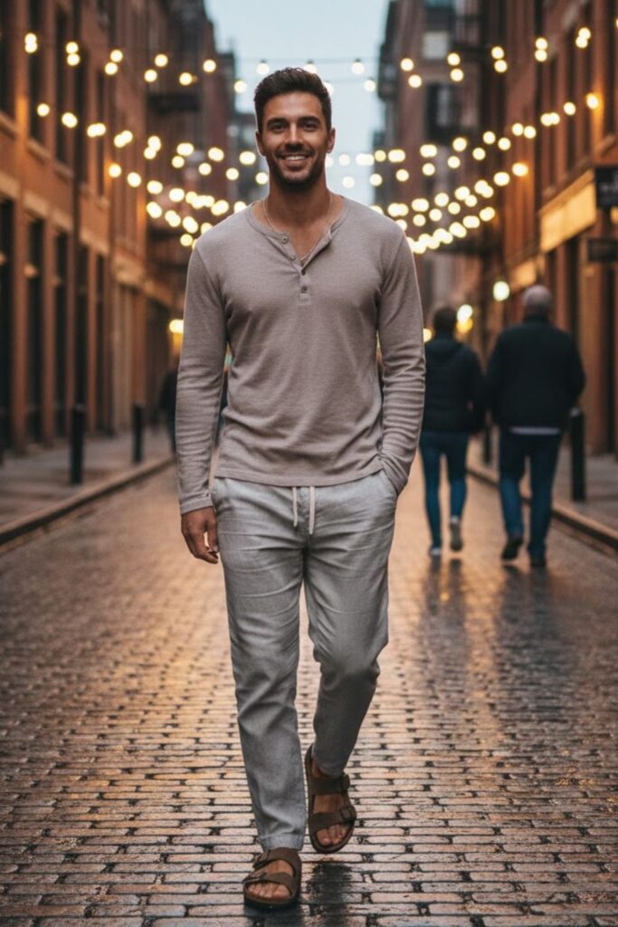 12. Henley Shirt with Drawstring Pants and Birkenstocks