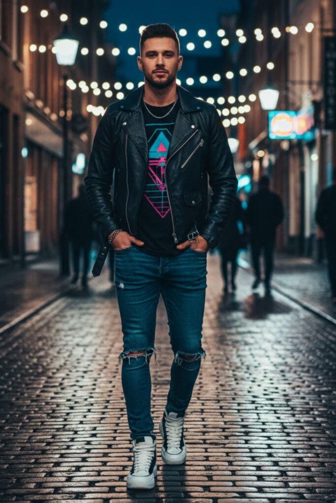 12. Leather Jacket with Graphic Tee