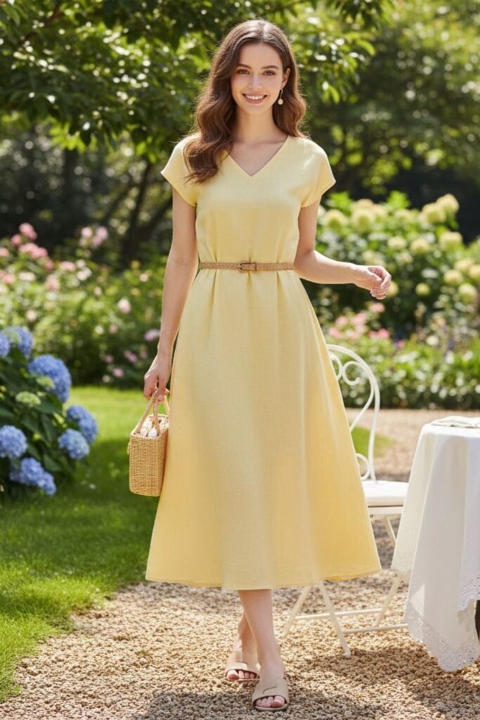 12. Linen Dress with Belt and Flats