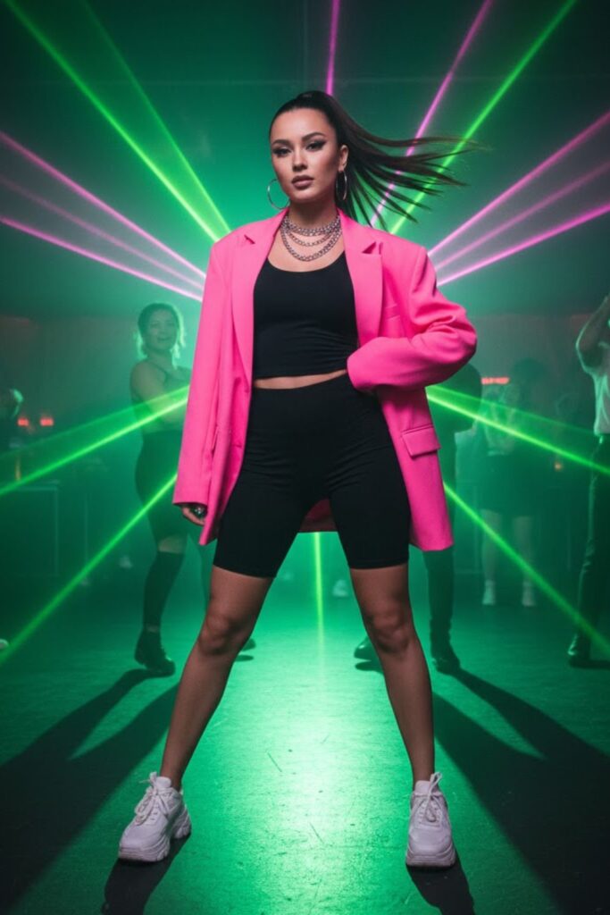 12. Neon Pink Blazer with Bike Shorts