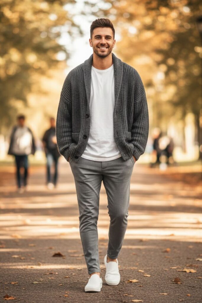 12. Oversized Cardigan with T-Shirt and Joggers