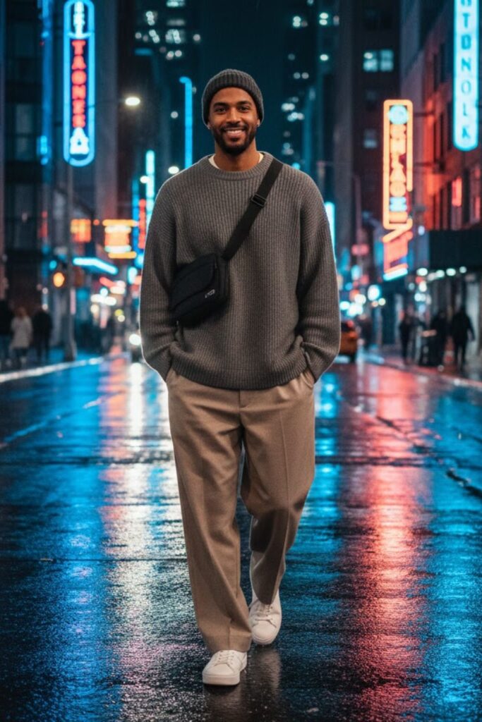 12. Oversized Sweater with Wide-Leg Pants and Sneakers