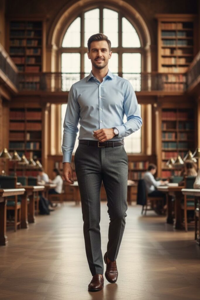 12. Oxford Shirt with Wool Pants and Loafers