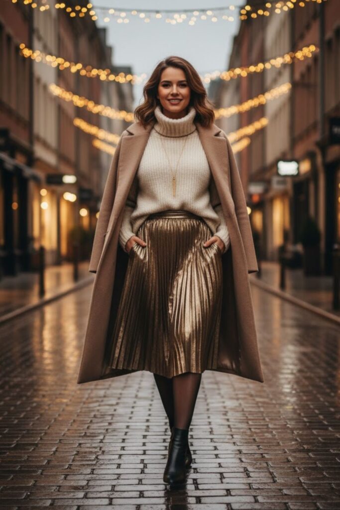 12. Pleated Metallic Midi Skirt with Knit Top