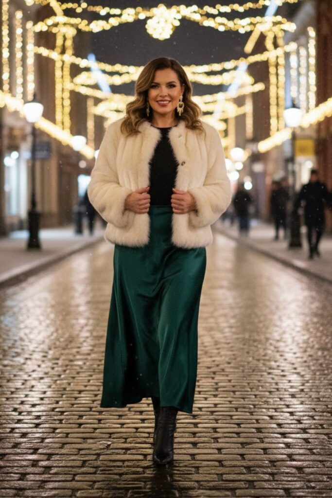12. Satin Maxi Skirt with Faux Fur Jacket