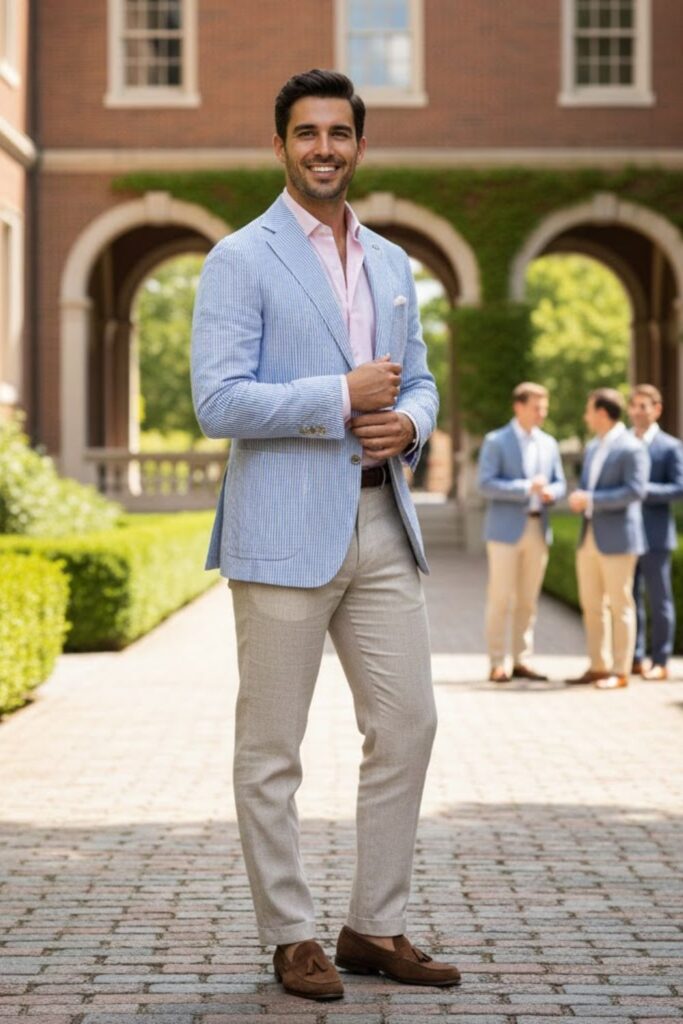 12. Seersucker Blazer with Light Shirt and Loafers