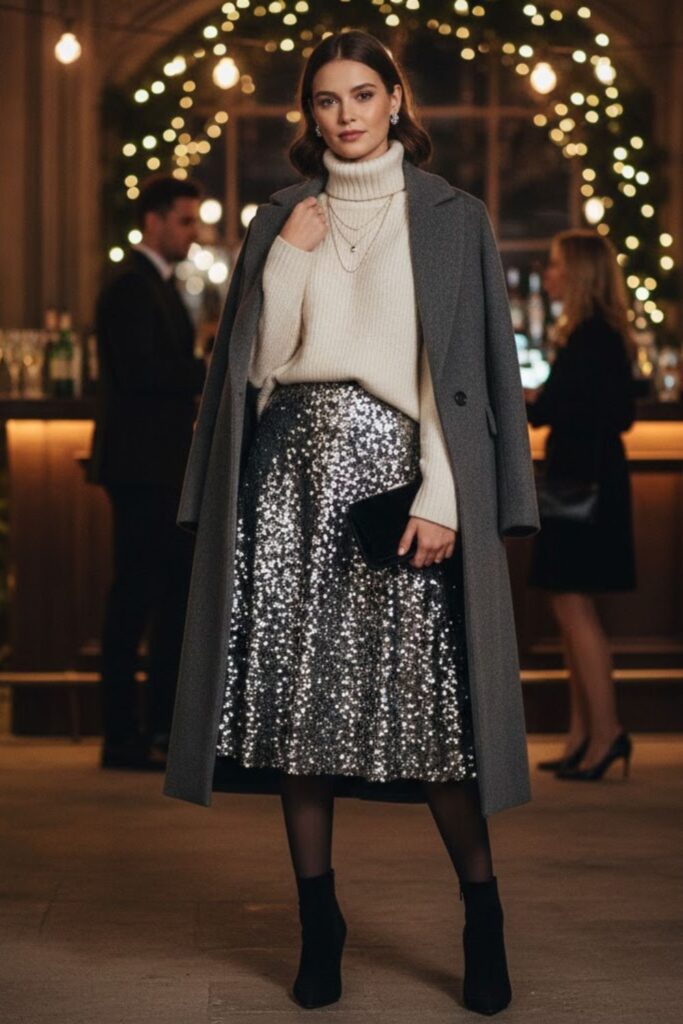 12. Sequin Skirt with Turtleneck and Coat