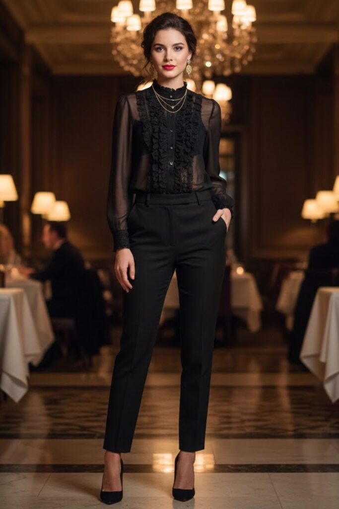 12. Sheer Blouse with High-Waisted Pants