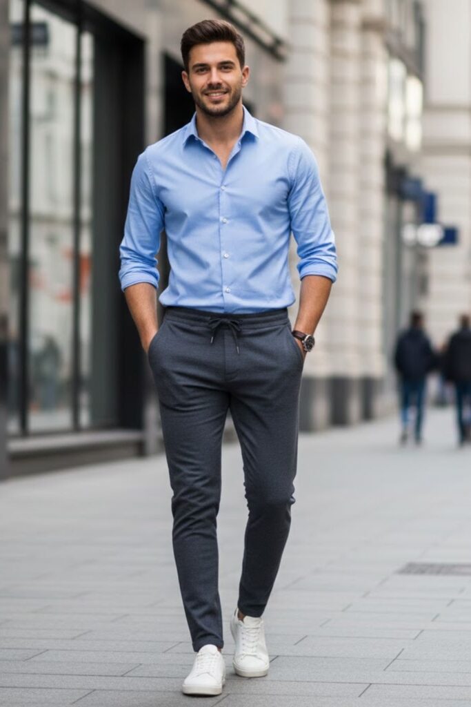 12. Sweatpants with a Button-Down Shirt