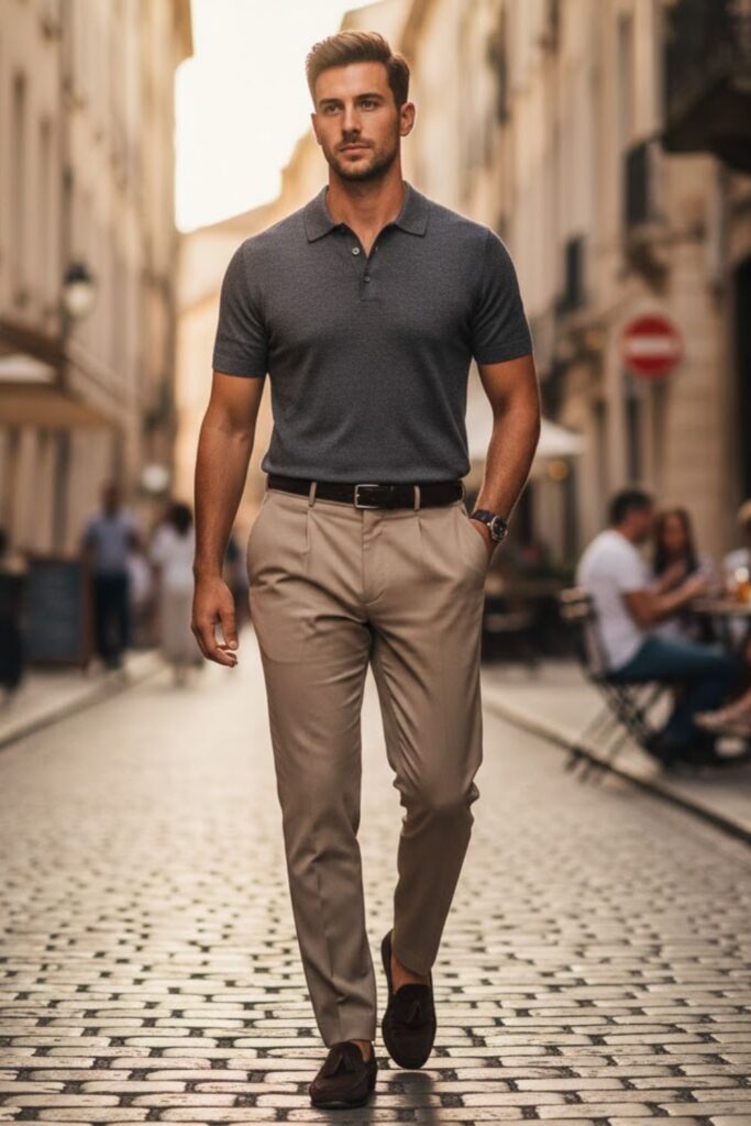 12. The Knit Polo and Pleated Trousers