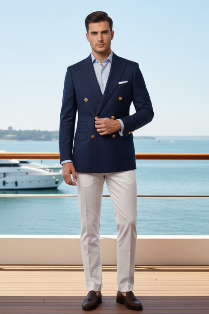 12. The Navy Double-Breasted Blazer with White Pants